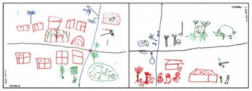 Drawings by a group of BaAka pygmies in the Central African Republic. The drawing on the left shows their current situation. The drawing on the right depicts their hopes for the future: wildlife, a school and forest products play an important role. Agni Klintuni Boedhihartono