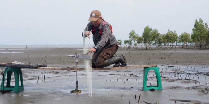 A man kneels on a mudflat and takes a measurement
