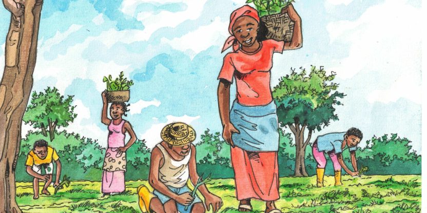 Drawing of women gathering and carrying trees